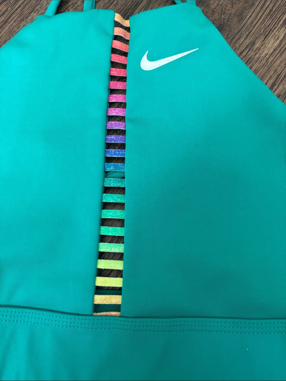 Nike Dri-FIT Indy Rainbow Ladder Sports Bra Teal High Neck Size Small - Picture 2 of 6